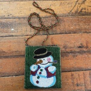 Vintage C. Marie glass beaded green satin holiday snowman small crossbody purse